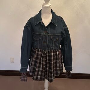 Denim jacket with plaid skirt